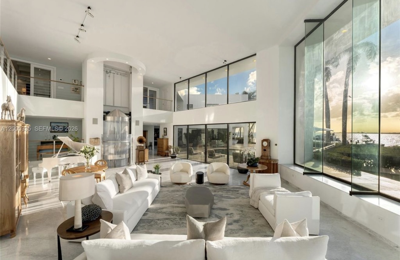 Two-story great room with glass walls
